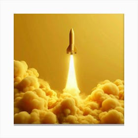 A golden rocket ship launching into a bright yellow sky, leaving a trail of smoke behind it, symbolizing the start of a new journey or project with great potential for success and prosperity Canvas Print