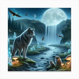 Wolf on the Mushroom Crystal Riverbank with Cubs Canvas Print