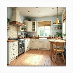 Beautifully Painted Kitchen, Watercolor, Warm And Homey 1 Canvas Print