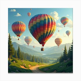 Colorful Hot Air Balloons Drifting Over A Lush Landscape 1 Canvas Print