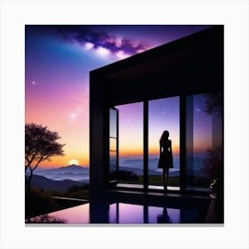 Woman Looking Out Of Window At Sunset Canvas Print