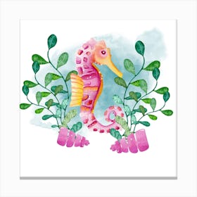 Watercolor Pink Seahorse Square Canvas Print