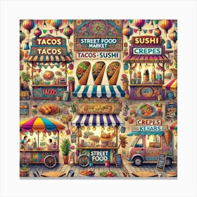 Global Street Food Market Printed Art A Lively Illustration Of A World Street Food Market, Perfect For Bringing A Multicultural And Energetic Atmosphere To Any Restaurant Space Printed Art Canvas Print