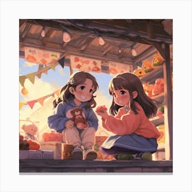 Two Girls At A Market Anime Canvas Print