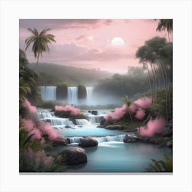 Waterfall In The Jungle Pastel Landscape Canvas Print