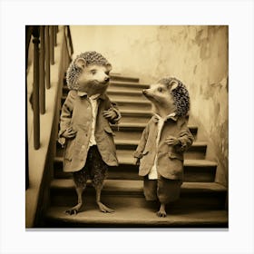 Two Hedgehogs On The Stairs - Friends - Cute - Vintage Canvas Print
