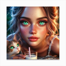 Girl With Green Eyes And Cat Canvas Print