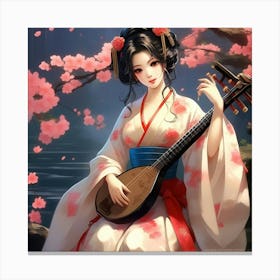 Japanese Geisha with musical instrument Canvas Print