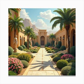 A Serene Temple Garden With Colorful Flowers And Statues Of Egyptian Deities Canvas Print