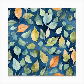 Watercolor Leaves On Blue Background Art Print 1 Canvas Print