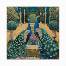 Peacocks in a Renaissance Garden Series. In Style of David Hockney 10 Canvas Print