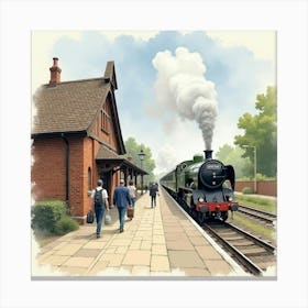 Watercolor View Of An English Historic Railway Station With Travelers Arriving 1 Canvas Print