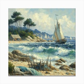 Sailboats On The Beach, Acrylic Painting Style 3 Canvas Print