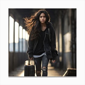 Girl With Luggage Canvas Print