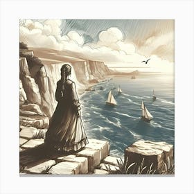 A Sketch Of A Woman Standing On A Cliff Looking At The Sea In A Fancy Art Style 2 Canvas Print