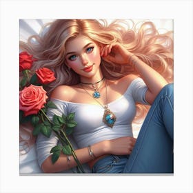 Beautiful Girl With Roses 1 Canvas Print