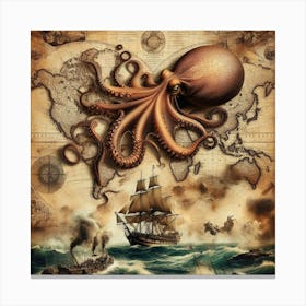 Octopus On The Map 2 Canvas Print