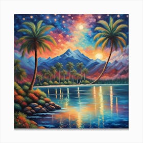 Palm Trees At Night. Radiant Dawn: Colorful Landscape Art with Majestic Mountains and Palm Trees Canvas Print