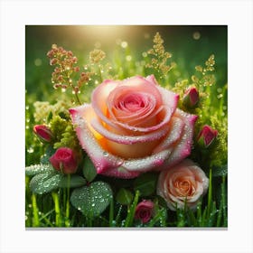 Pink Roses On Green Grass 1 Canvas Print