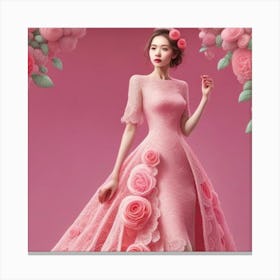 Pink Roses Wedding Dress Canvas Print