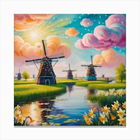 Windmills In The Dutch Countryside Canvas Print