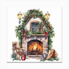 Christmas Fireplace, watercolor clipart Canvas Print