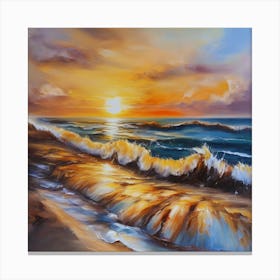 The sea. Beach waves. Beach sand and rocks. Sunset over the sea. Oil on canvas artwork.34 Canvas Print
