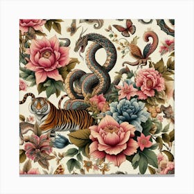 Chinese Tiger And Flowers Canvas Print