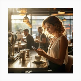 Modern Woman Engages With A Sleek Smartphone At A Bustling Coffee Shop Surrounded By The Hazy Glow (1) Canvas Print