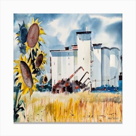 Sunflowers In Front Of Grain Silos Canvas Print