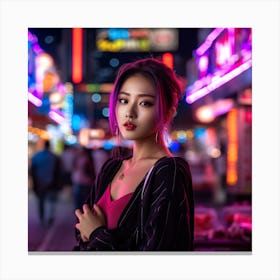 Asian Girl In Neon Lights 1 Canvas Print