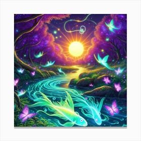 Stream With Bioluminescent Fish Butterflies Sun Spinning Wind Tree 3 Canvas Print