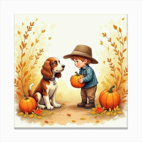 Watercolor Of A Cocker Spaniel And Child At A Fall Harvest Festival 1 Canvas Print