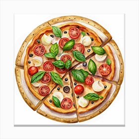 Watercolor Illustration Of A Pizza With Tomato, Mozzarella, Olives And Basil Canvas Print