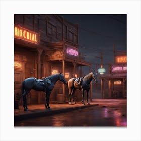 Two Horses In Front Of A Neon Sign Canvas Print