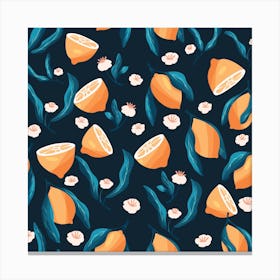 Night Lemon Pattern On Dark Blue Square Canvas Print