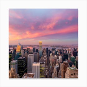 A captivating aerial view of an urban cityscape at sunset, with skyscrapers illuminated against a warm and colorful sky. This cityscape image can serve as a striking piece of wall art, bringing the dynamic energy of the city into the home and appealing to those with a love for urban aesthetics. Canvas Print