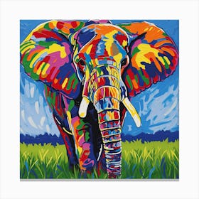 'Vibrant Majesty', a dynamic portrayal of the animal kingdom's gentle giant. This painting bursts with a spectrum of colors, each hue bringing to life the elephant's commanding presence against a lively, azure backdrop. The bold strokes and vivid palette celebrate the spirit of wildlife and the beauty of expression.  Colorful Wildlife Art, Expressive Elephant, Vivid Palette.  #VibrantMajesty, #WildlifeArt, #ColorfulElephant.  'Vibrant Majesty' is not just a painting; it's a statement piece that infuses your space with energy and a touch of the wild. Ideal for those who wish to make a bold decor choice that reflects their love for nature and art with a modern twist. Canvas Print