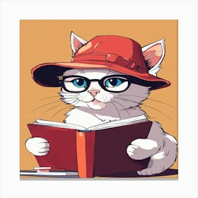 Cat In Glasses Reading A Book Canvas Print