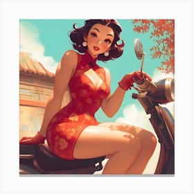 Retro Woman On A Scooter Canvas Print
