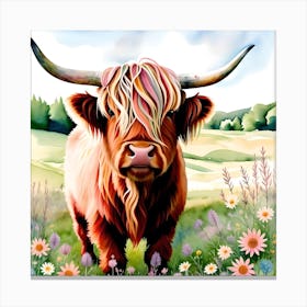 Highland Cow Wild Flowers Pink in Scottish Meadow Canvas Print