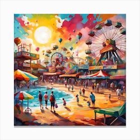 Amusement Park Delights With Beachgoers Along The Sea Canvas Print