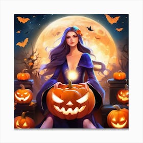 Halloween Girl With Pumpkins 4 Canvas Print