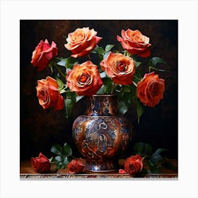 Watercolor Terracotta Vase Beautiful Roses Studio Photography Complex Details High Detail Canvas Print