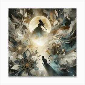 Cat And The Girl silhouette in the moonlight 2 Canvas Print