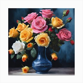 Pastel Rose Bouquet in Blue Vase Canvas Print