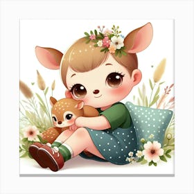 Cute Little Girl With Deer Canvas Print