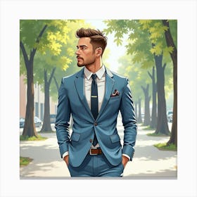 Handsome Man In Watercolor Suit, Urban Park Setting 1 Canvas Print