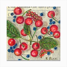 Cherries Blueberries Italian On Newspaper Summer Fruit Kitchen Painting For Wall Decor Canvas Print