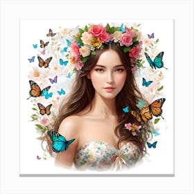 Asian Girl With Butterflies | floral boho girl | Watercolor Floral Boho Girl wall art Canvas Print